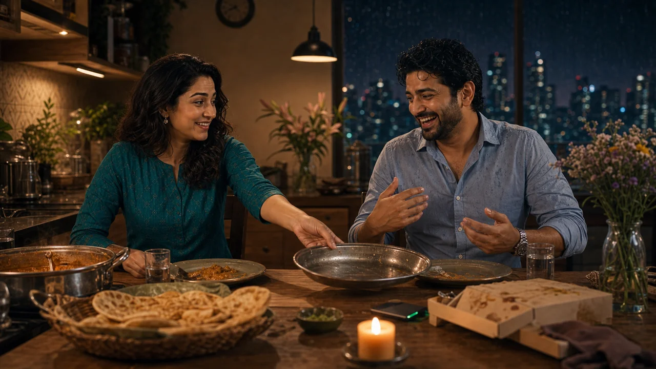 A fictional couple reconnecting over dinner
